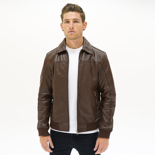 Viceroy - Brown Leather Collar Bomber Jacket