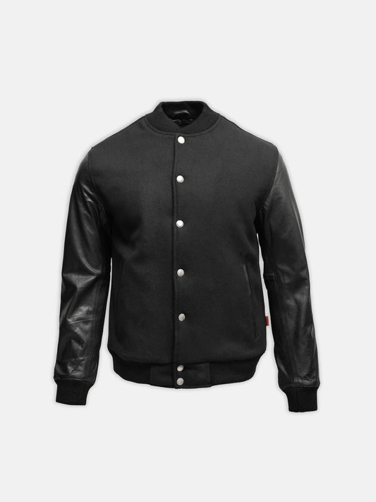 Leather Varsity Bomber Jacket - Black