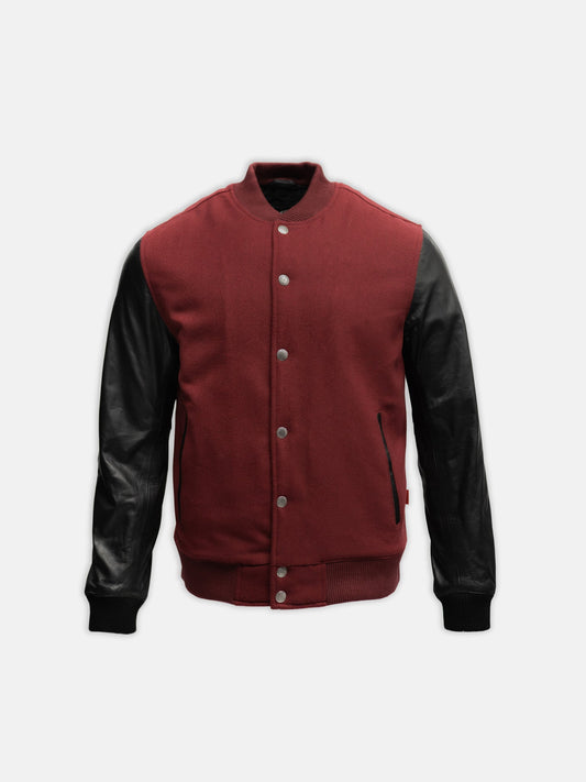 Leather Varsity Bomber Jacket - Maroon