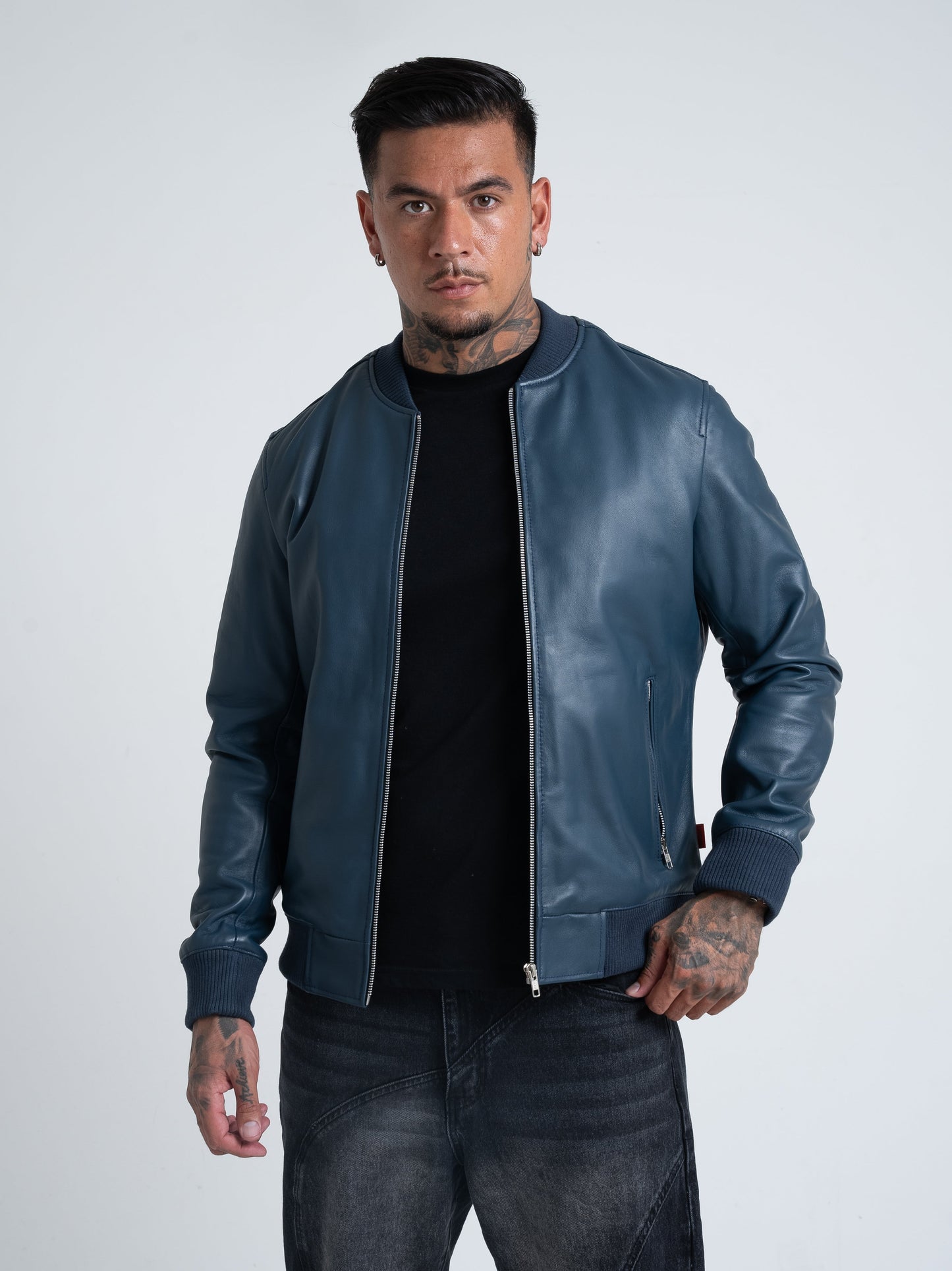 Victory Leather Bomber Jacket - Midnight Blue