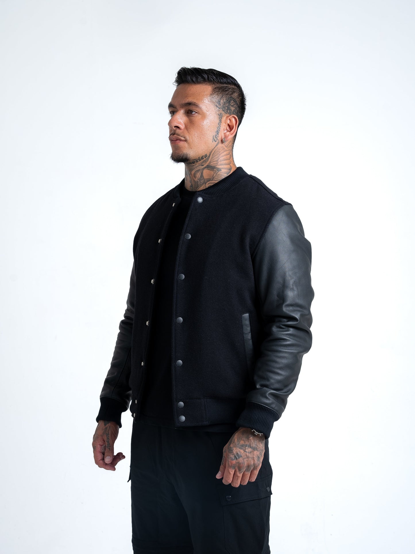 Leather Varsity Bomber Jacket - Black