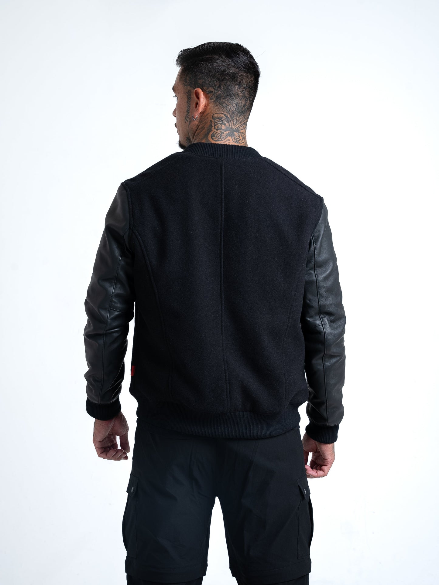 Leather Varsity Bomber Jacket - Black