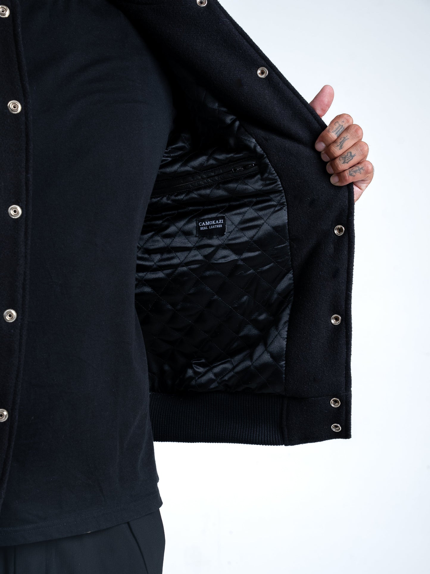 Leather Varsity Bomber Jacket - Black