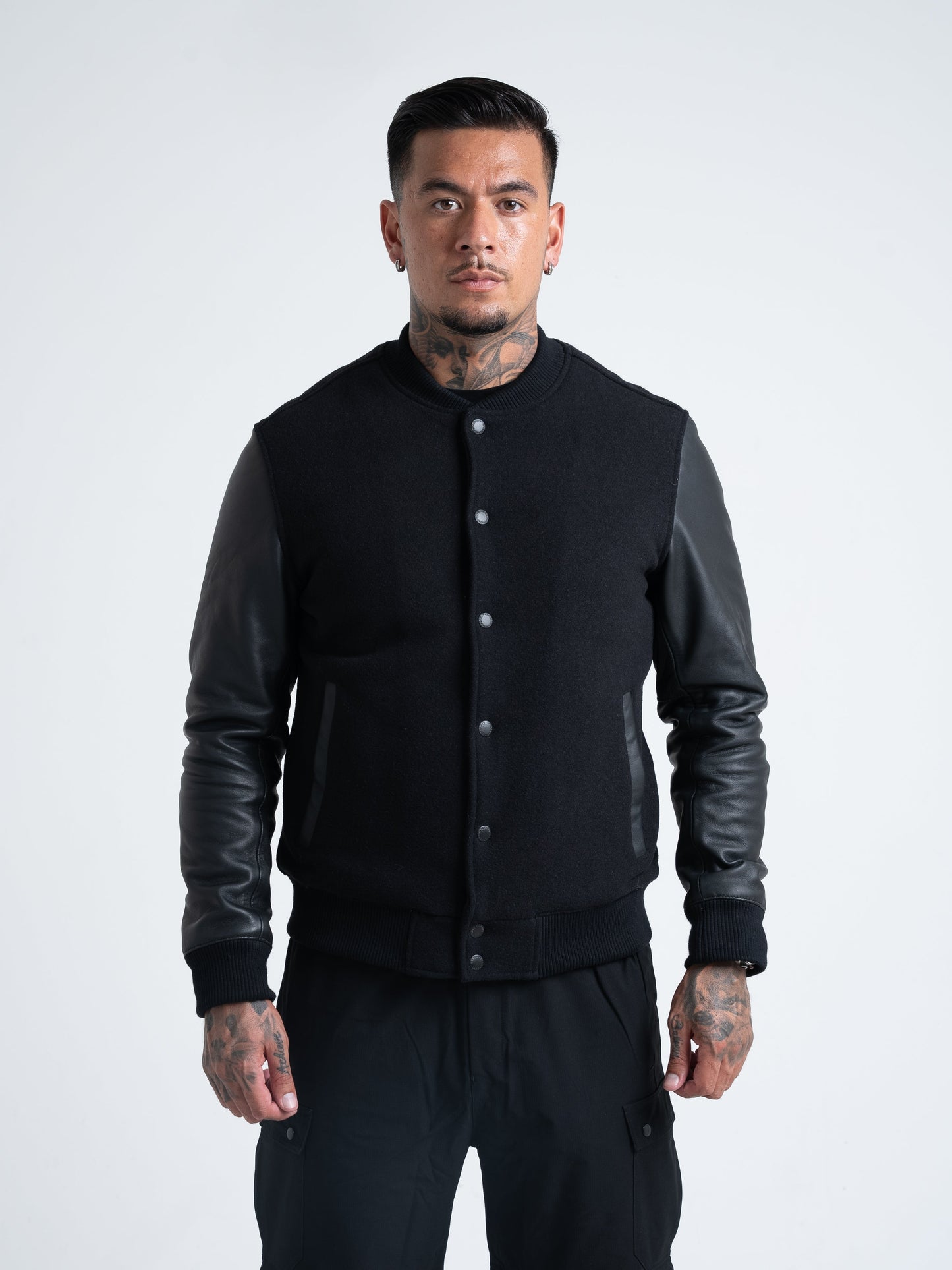 Leather Varsity Bomber Jacket - Black