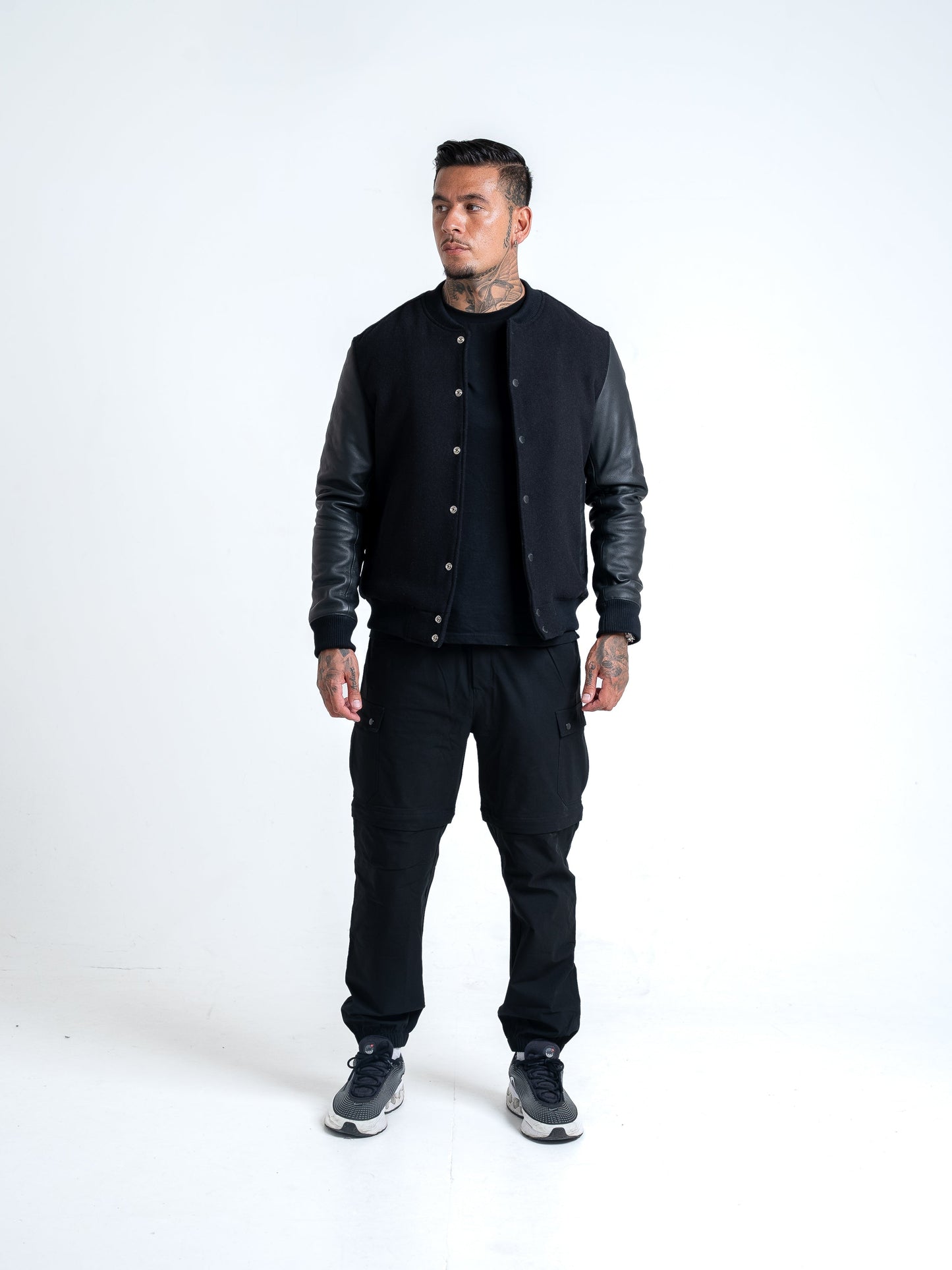 Leather Varsity Bomber Jacket - Black