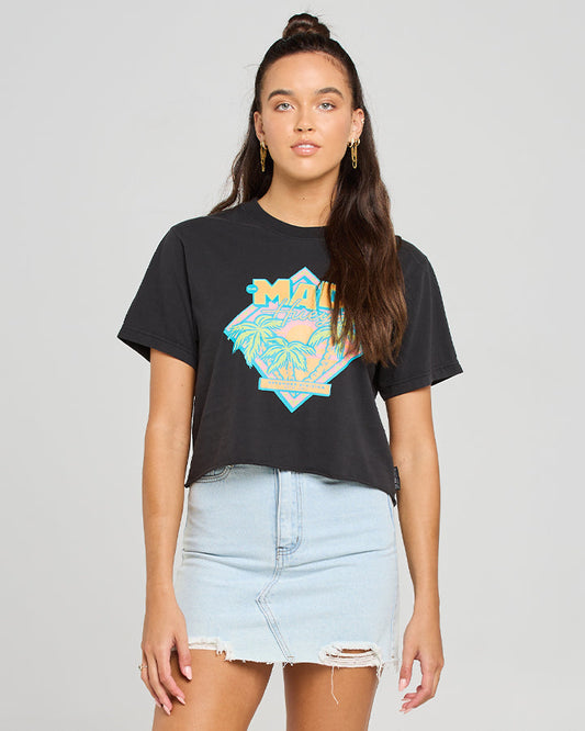 THROWBACK HUEYS | WOMENS CROPPED TEE - WASHED BLACK