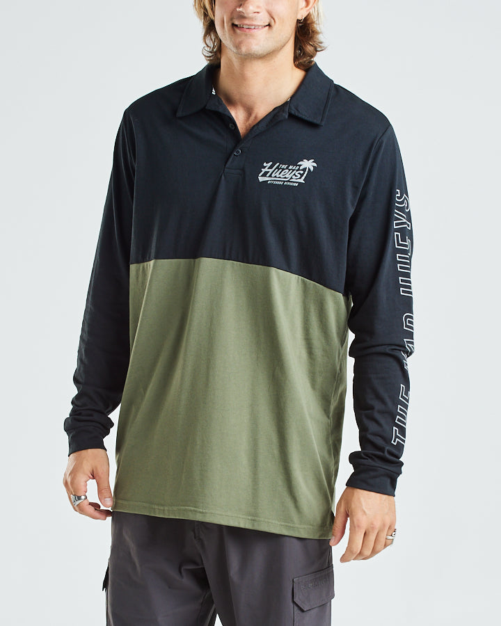 HUEYS PALMS | UPF 30+ LS POLO - BLACK/DUSTY GREEN