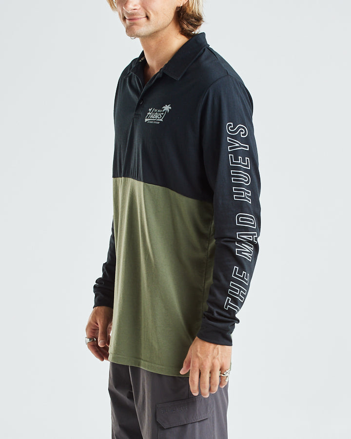 HUEYS PALMS | UPF 30+ LS POLO - BLACK/DUSTY GREEN