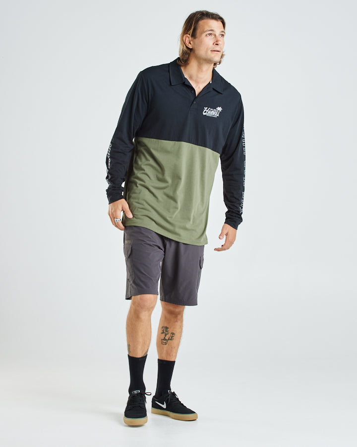 HUEYS PALMS | UPF 30+ LS POLO - BLACK/DUSTY GREEN