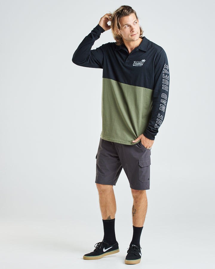 HUEYS PALMS | UPF 30+ LS POLO - BLACK/DUSTY GREEN