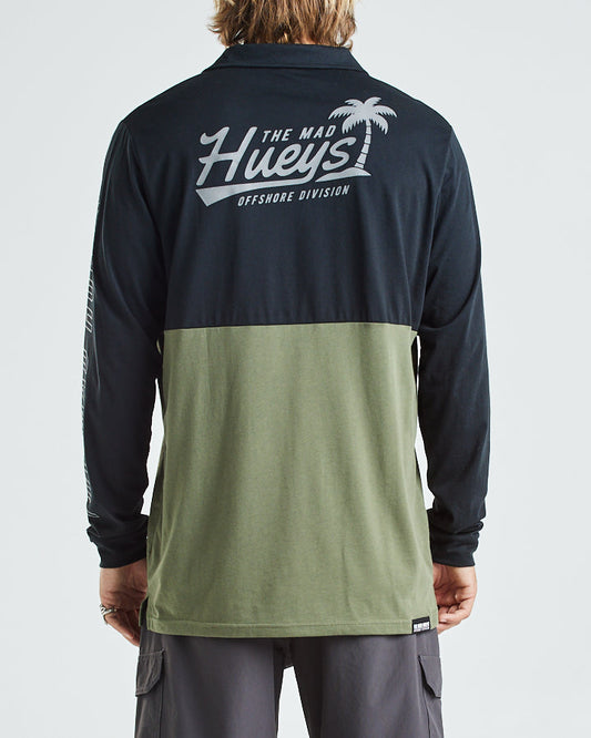 HUEYS PALMS | UPF 30+ LS POLO - BLACK/DUSTY GREEN